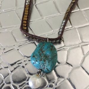 Turquoise and Leather Necklace or Wrap Around Bracelet with Pearl